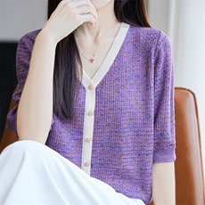 法式小香风轻薄假开衫短袖T恤女2025气质外搭莱赛尔针织小衫上衣，女装针织衫/毛衣，唐诺