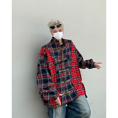 潮新中式小众格子衬衫男春季拼接做旧情侣宽松外套潮CJ26，男装衬衫，星座1116A-1（原606A）