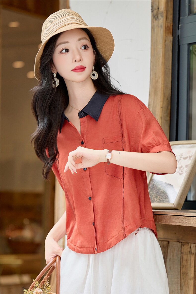 撞色翻领苎麻衬衫女2026夏季新款休闲宽松遮肉显瘦小衫短款上衣,女装衬衫,余墨