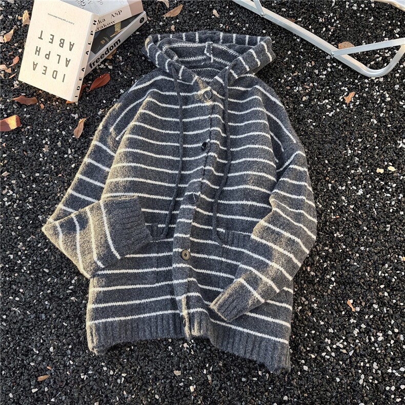 冬季新条纹连帽毛衣男女美式复古慵懒风针织开衫外套潮流,男装针织衫/毛衣,星座410-6（原星座1304-1）
