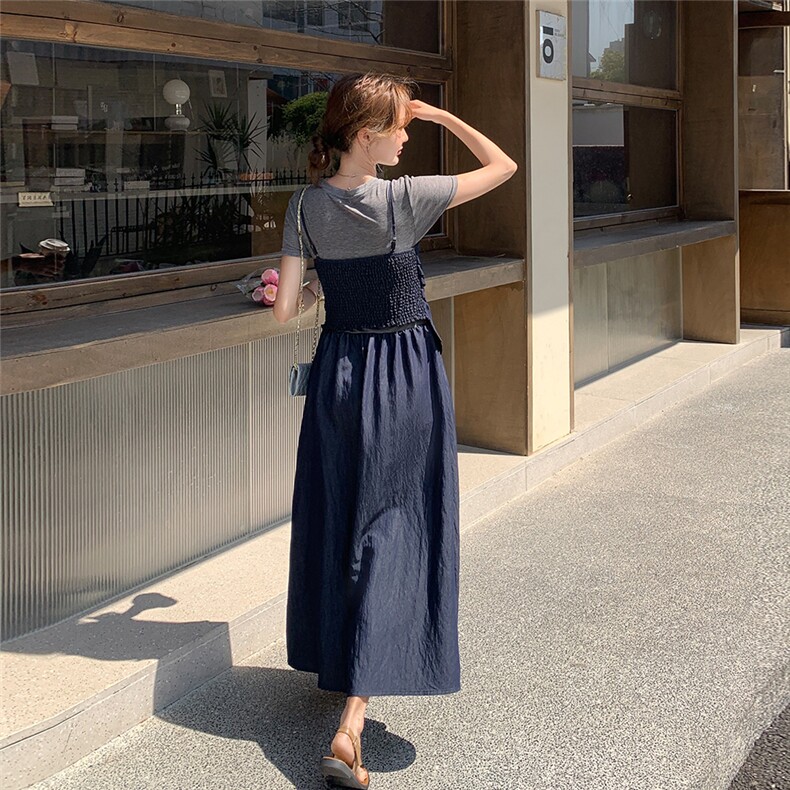 2025夏季新款韩版时尚短款小背心显瘦短袖长款假两件连衣裙,女装连衣裙,浙宝220