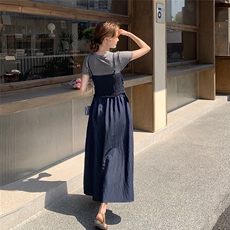 2025夏季新款韩版时尚短款小背心显瘦短袖长款假两件连衣裙，女装连衣裙，浙宝220