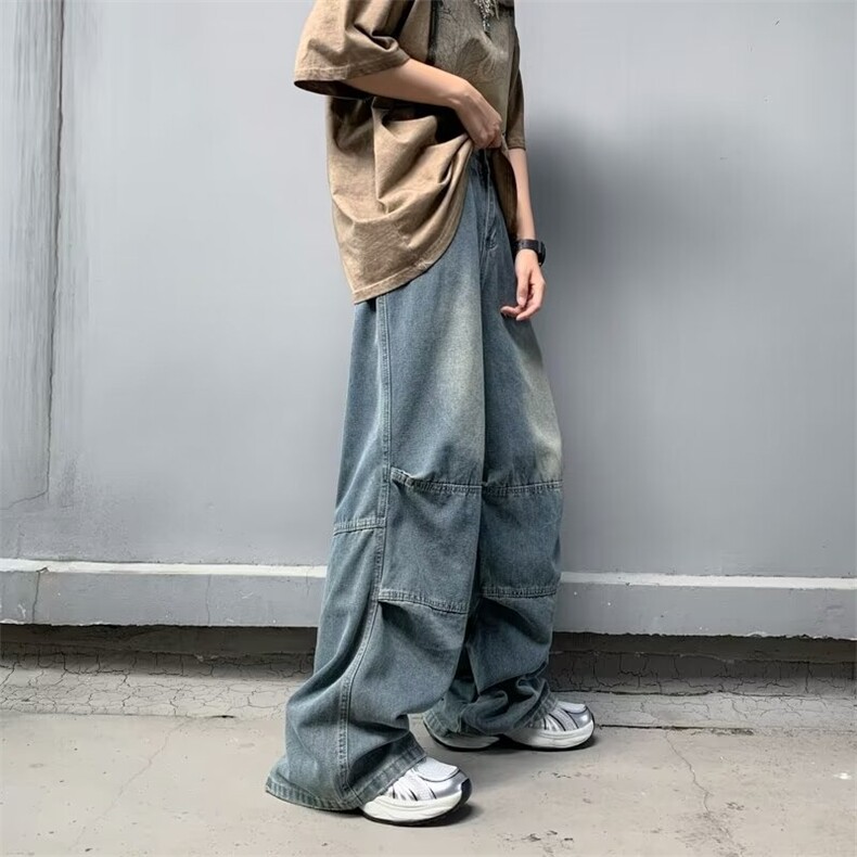 美式复古牛仔裤男士春秋款高街宽松阔腿裤子潮牌休闲直筒长裤图片