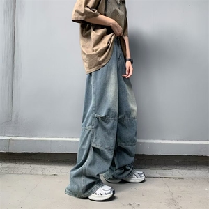 美式复古牛仔裤男士春秋款高街宽松阔腿裤子潮牌休闲直筒长裤图片