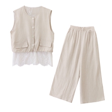 轻熟风气质套装女2026夏季蕾丝拼接麻料薄款马甲上衣阔腿裤两件套，女装套装/套裙，奕薇雅