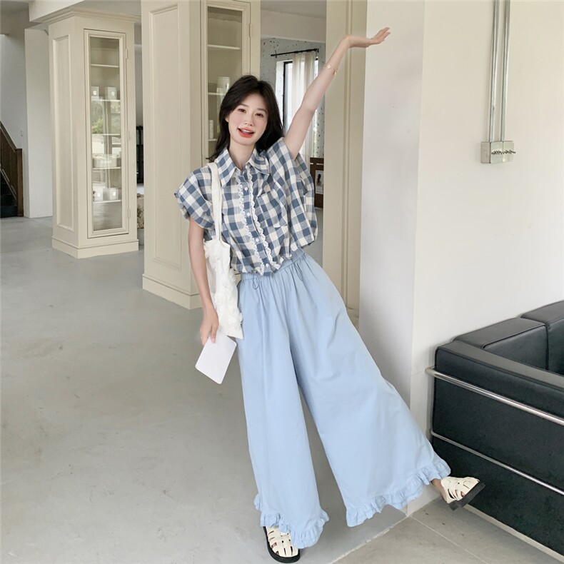 韩系甜美学院风蕾丝花边格子衬衣套装女夏季2025新款阔腿裤两件套,女装套装/套裙,2C135