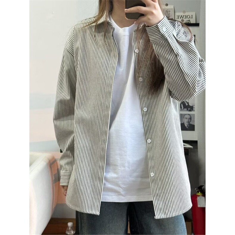 复古条纹长袖衬衣男春秋季衬衫男女休闲宽松开衫外套WLC2388-P42,男装衬衫,星座1008