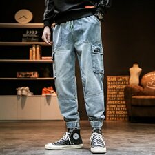 2021春季日系大码男大口袋美式工装九分裤束脚牛仔裤K002-P65，男装牛仔裤，电商A001
