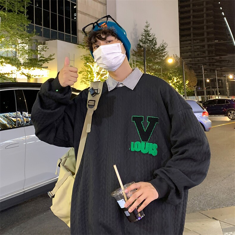 WY3627-P48秋装新款款港风华夫格毛巾绣潮流宽松男士休闲圆领卫衣,男装卫衣,电商A009A（原A058A）