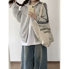 632-P49美式复古条纹卫衣外套女秋冬潮牌街头两道杠宽松百搭，女装短外套，电商B323A