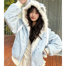 韩系可爱甜美蓝色加厚毛领连帽棉服女冬季小个子棉袄女M3623，男装棉衣，星座1116A（原606A-3）