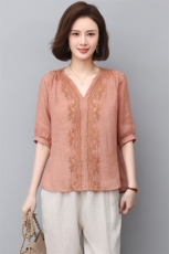 棉麻上衣女夏季高端苎麻衬衫2022年新款妈妈V领衬衣大码亚麻小衫，女装T恤，江忆布依