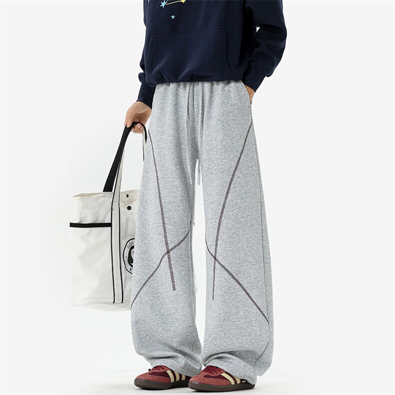 港风新款320g重磅华棉撞色明线宽松潮流弯刀裤男K24014-特P35控68，男装休闲裤，电商A001