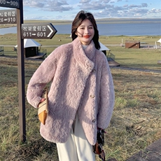 粉紫色法式温柔风皮毛一体羊羔毛外套女秋冬2025新款超好看厚棉服，女装毛呢外套，2C283