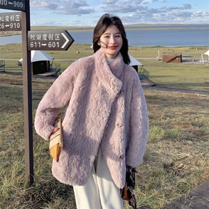 粉紫色法式温柔风皮毛一体羊羔毛外套女秋冬2025新款超好看厚棉服图片