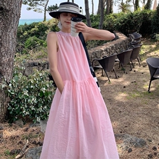 今年流行粉色无袖连衣裙女2025夏季新款高级感超仙气质绝美长裙潮，女装连衣裙，浙宝305