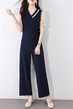 新款夏季淑女气质穿搭时尚洋气时髦显瘦阔腿连体连衣裤套装女纱网，女装连体裤，韩蔻秀