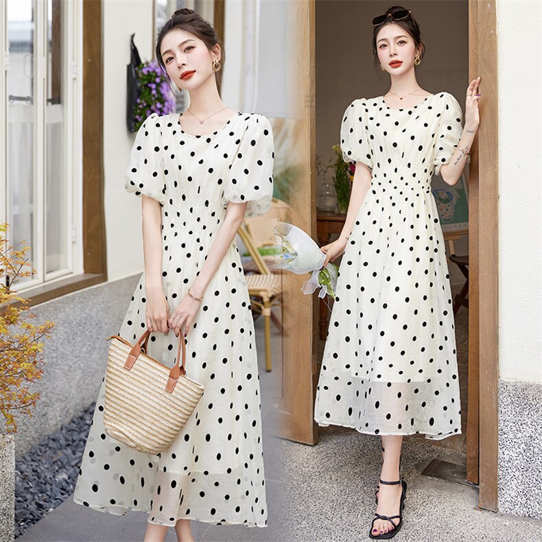 2025新款夏季木耳边显瘦黑白波点经典圆领裙子连衣裙女，女装连衣裙，依如秀(原杭风阁)