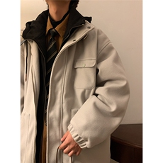 EQ158冬季新款港风日系毛呢大衣假两件加厚连帽棉服棉衣外套P145，男装毛呢大衣，电商C306-1