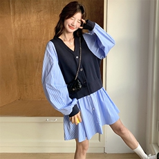 【现货】蓝色条纹马甲假两件连衣裙B208-9008-P145K208，女装连衣裙，浙宝208