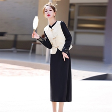 新中式连衣裙2025春新款高级感小香风气质马甲黑色长袖打底套装裙，女装套装/套裙，奕薇雅