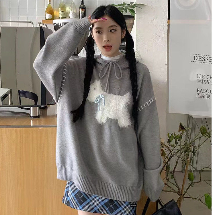 MM117-P65 灰色小狗连帽套头针织 毛衣女冬季加厚秋冬内搭外套图片