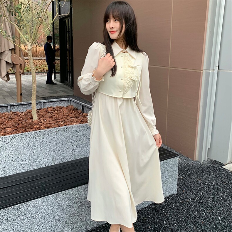 现货2024年春季女金典时尚潮流新中式复古盘扣网红假两件套连衣裙,女装连衣裙,煊芮熙