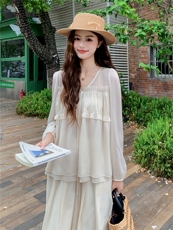 超仙时尚雪纺套装女2026春夏新款半透减龄长袖防晒阔腿裙裤两件套，女装套装/套裙，衣秀之家