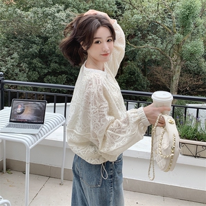 现货米杏色超好看时尚防晒蕾丝女2025早春新款韩版小个子别致上衣图片
