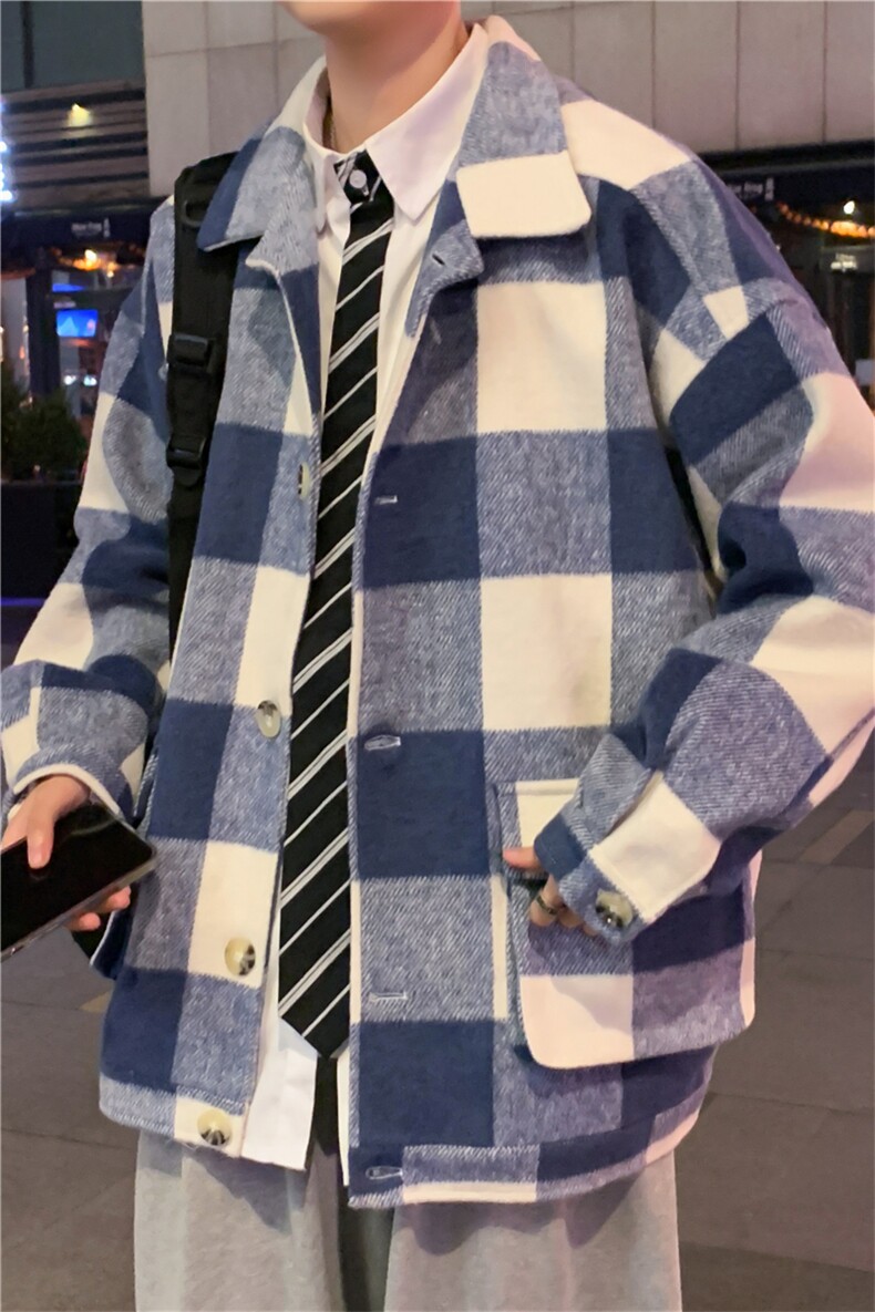 呢子外套男港风ins格子撞色复古毛呢大衣青年宽松冬季W2201-P62,男装夹克,星座512-4