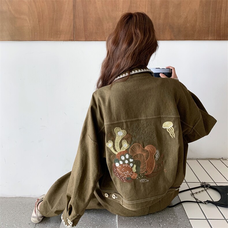 绿色时尚甜酷风套装裤女2025年秋季日系简约绣花外套阔腿裤两件套,女装套装/套裙,2C273