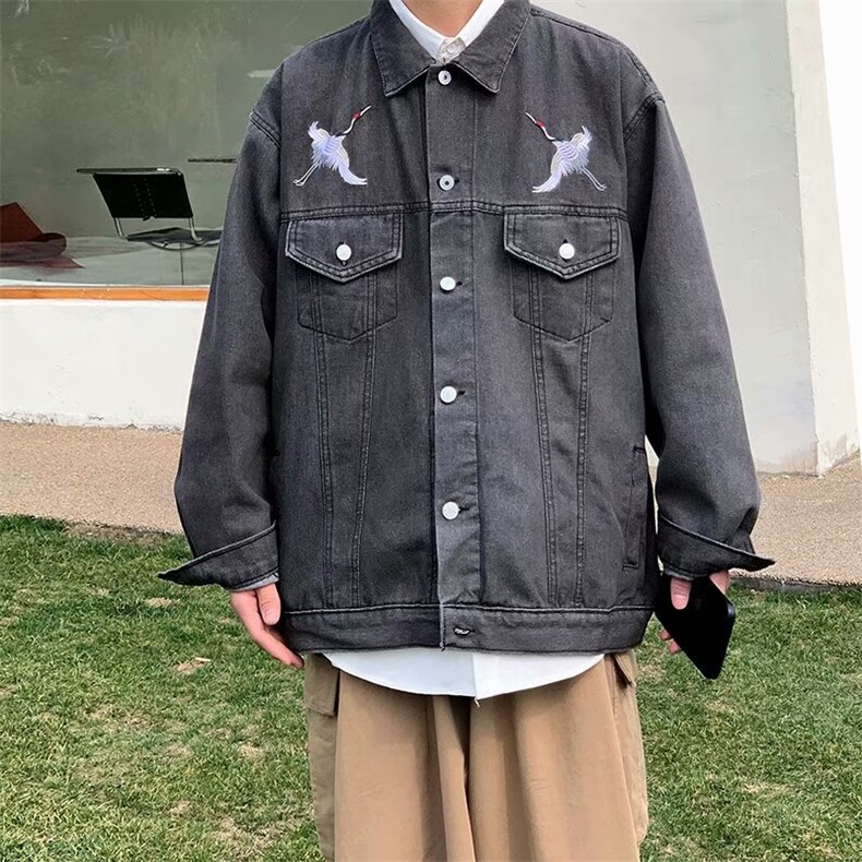复古做旧刺绣仙鹤牛仔外套男秋bf百搭宽松工装情侣外套W1086-P50,男装夹克,星座512-4