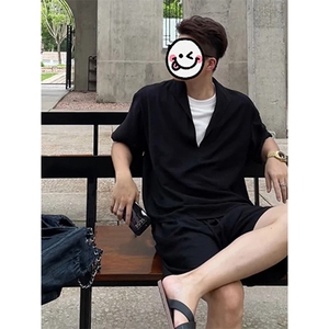 (网图慎用）特批P58无差价假两件透气老钱风亚麻两件套装男TZ5355图片