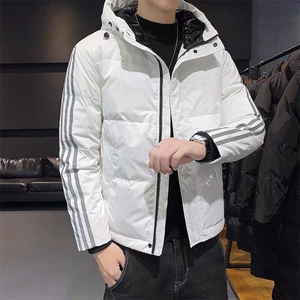 新款三条杠连帽防水免洗轻薄情侣学生短款外套羽绒服男鲨鱼皮面料图片