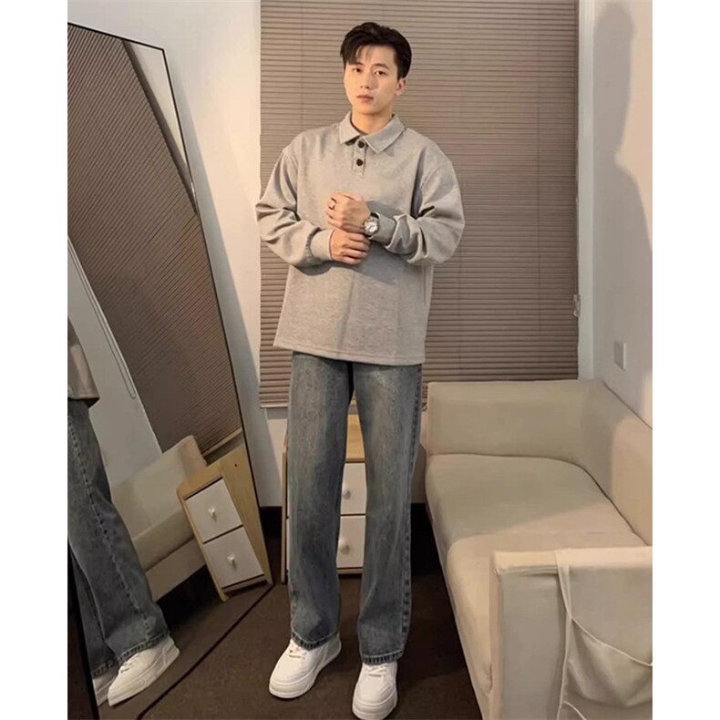 抖音得物高品质二开230克精梳珠地光版纯色宽松长袖T恤翻领POLO衫，男装T恤，电商A486-1