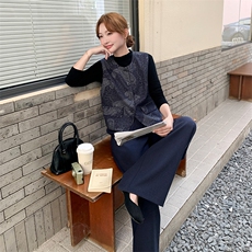 新款复古印花马甲阔腿裤三件套，女装套装/套裙，2D075