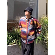 788-P60秋冬季大码美式复古彩色条纹毛衣设计感宽松针织开衫，男装针织衫/毛衣，电商B323A