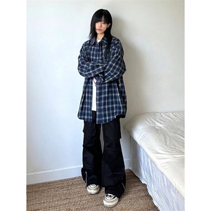 美式复古格子衬衫男女新款宽松防晒衬衣外套设计感情侣长袖上衣潮图片