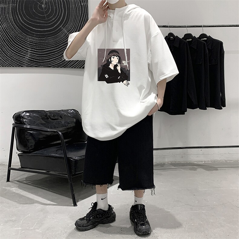 LD54122-P45连帽短袖t恤男大码胖子带帽五分袖中袖大皂风,男装T恤,电商A040
