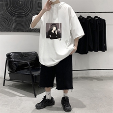 LD54122-P45连帽短袖t恤男大码胖子带帽五分袖中袖大皂风，男装T恤，电商A040