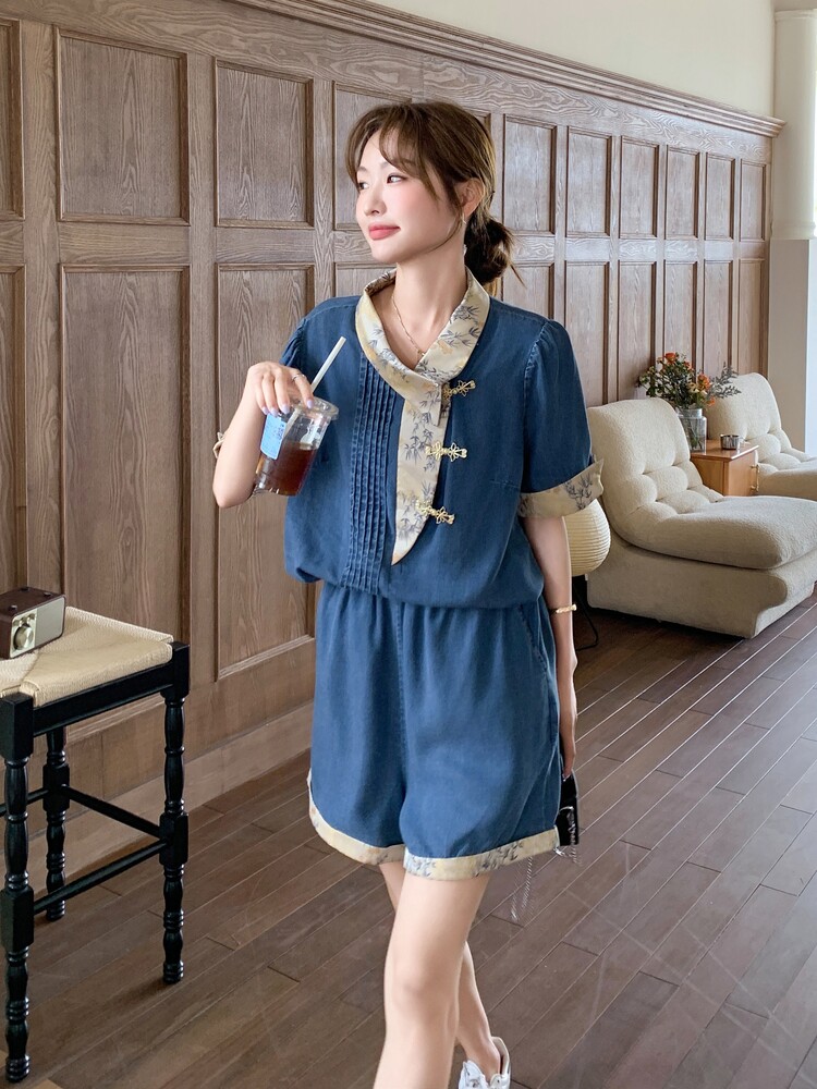 新中式国风牛仔盘扣上衣短裤两件套女2025年夏季新款减龄气质穿搭,女装套装/套裙,含赞