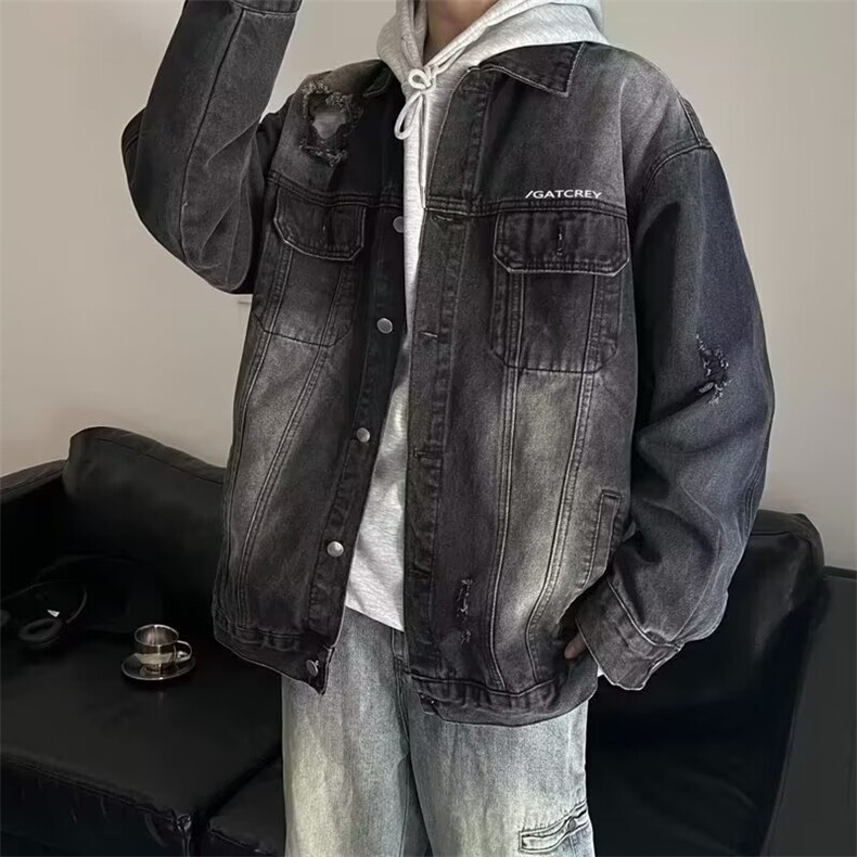 牛仔布复古高街牛仔外套男秋季渐变夹克水洗翻领青少年常规款春秋,男装工装外套,星座1013