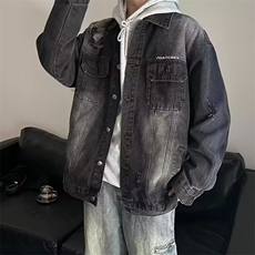 牛仔布复古高街牛仔外套男秋季渐变夹克水洗翻领青少年常规款春秋，男装工装外套，星座1013