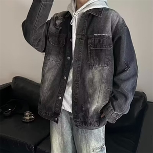 牛仔布复古高街牛仔外套男秋季渐变夹克水洗翻领青少年常规款春秋图片