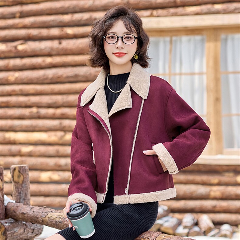 冬季加厚保暖皮毛一体外套女2024新款小个子短款羊羔毛机车服棉衣,女装短外套,慕依路