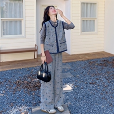 小香风刺绣马甲阔腿裤套装女2025秋季新款设计感时尚打底衫三件套，女装套装/套裙，2C272