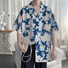 2022夏季冰丝印花衬衣短袖衬衫外套潮XZ518-2，男装衬衫，四季星座518-2