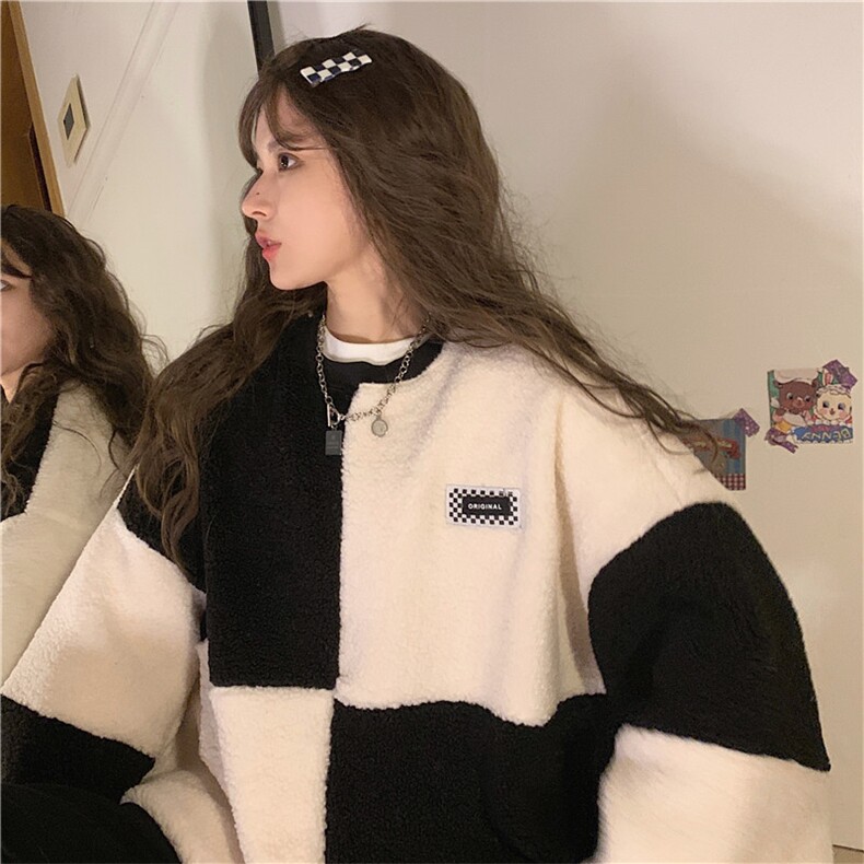 慵懒风撞色羊羔毛卫衣加厚加绒外套宽松潮insE012-P55，女装短外套，星座911-2(原星座613-2）