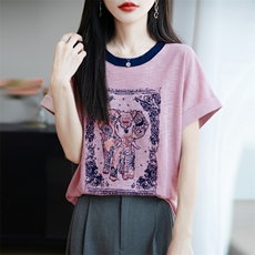 夏季新款竹节麻拼色圆领大象印染短袖百搭显瘦上衣时尚休闲T恤，女装T恤，贵皇网供仓