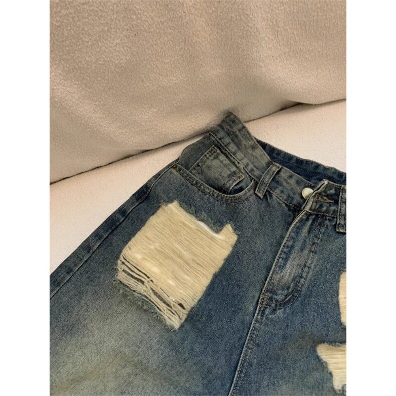 复古做旧破洞牛仔七分裤男女高街裤子高腰宽松直筒裤休闲阔腿裤,男装牛仔裤,星座601-1